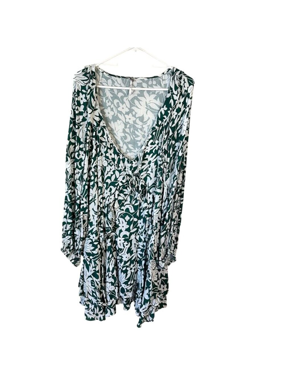 FREE PEOPLE Tunic Top Womens Large Green Floral V Neck Flowy Oversized Blouse